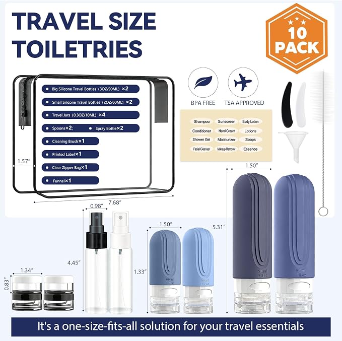 Travel Bottles for Toiletries 10 Pack, TSA Approved Travel Size Toiletries Essentials Containers Set, Leak Proof Silicone Bottles Kit, Refillable Liquid & Creams Accessories (BLUE) - Image 3