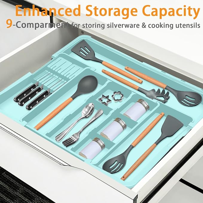Homecor Utensil Drawer Organizer for Kitchen, Expandable Silverware Organizer Cooking Utensils Tray, Large Cutlery and Flatware Holder, Kitchen Tools & Gadgets Storage (Turquoise) - Image 9