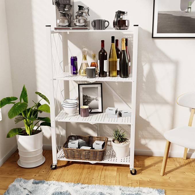4-Tier Folding Shelf with Wheels No Assembly Portable Shelves | Folding Shelf Loads 600 LBS,Metal Steel Collapsible Shelves, Rolling Standing Utility Rack for Kitchen, Pantry, Office, White - Image 2