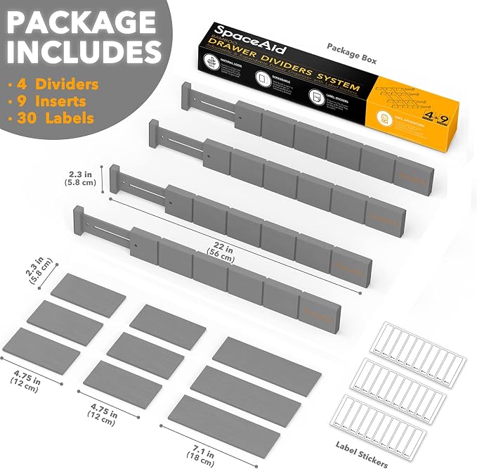 SpaceAid Bamboo Drawer Dividers with Inserts and Labels, Kitchen Adjustable Drawer Organizers, Expandable Organization for Home, Office, Dressers, 4 Dividers with 9 Inserts (17"-22" Gray) - Image 4