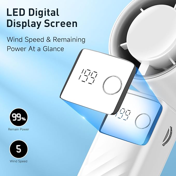 YOSHENMO Portable Handheld Turbo Fan - Foldable Mini Fan with Air Turbo Tech, 1-199 Speed Adjustment, 20H Runtime, LED Display, Battery-Powered for Indoor/Outdoor Use Light White - Image 6