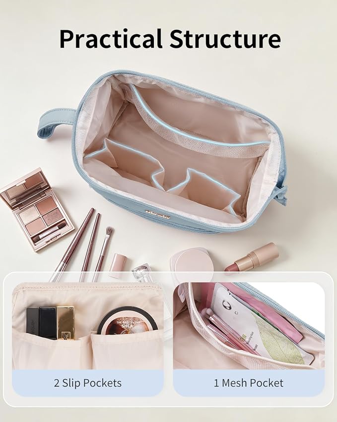 Narwey Large Travel Makeup Bag For Women Girls, Wide Open Cosmetic Bag, Portable Toiletry Bag for Cosmetics, Toiletries, Skincare, Brushes (Greyish Blue) - Image 6