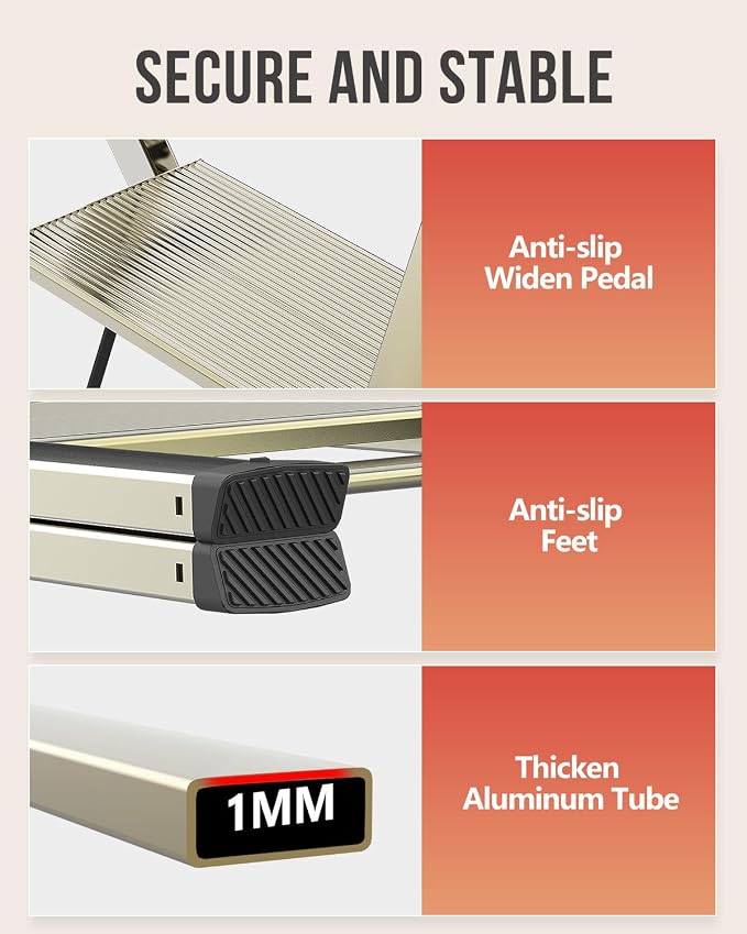 Aluminum 3 Step Ladder, Foldable Step Stool, 300lbs Load, Gold | Folded 35''H x 2''T; Net 7.99 lbs; Rigid Aluminum Steps; No Assembly; For Home, Kitchen, Office, Pantry, Closets, Cabinets - Image 5