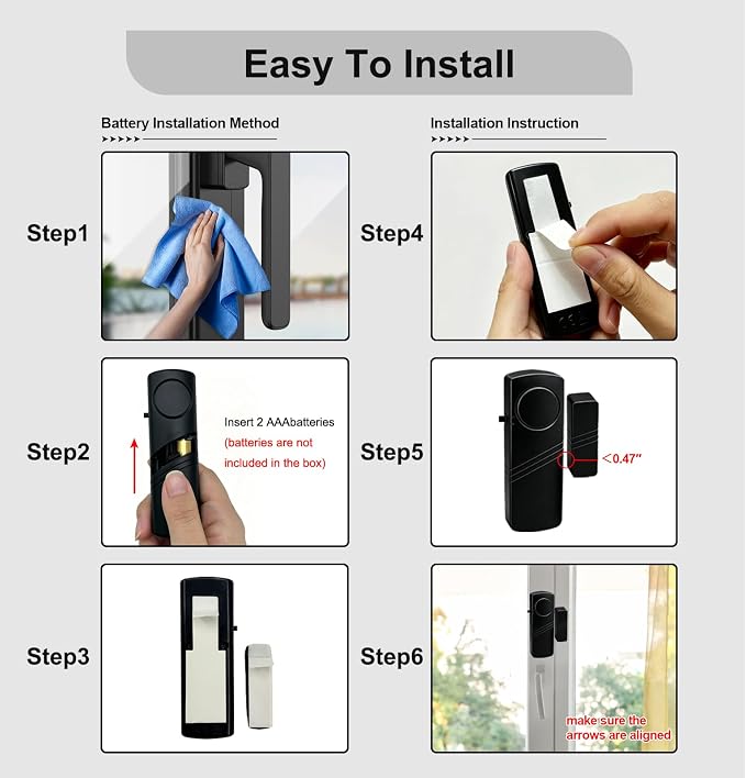 Door Window Alarm - 90dB Loud Home Security Sensor for Kids Safety, Burglar Alert for House, Apartment, Office, Hotel & Pool Window, Black (2 Pack) - Image 5