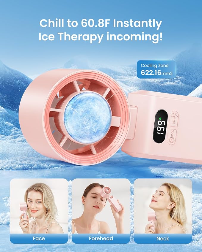 2 Pack Handheld Portable Turbo Fan with Ice Cooler, Speed (1-199) 5500mAh*2 Rechargeable Personal Fan,[20H Cooling Time] Mini Yet Powerful, Small Pocket Fans for Travel/Outdoor/Office, Pink - Image 2