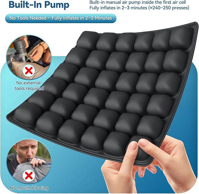 Airplane Seat Cushion for Long Flights, Inflatable Travel Seat Cushion with Built-in Pump, 36 Air Cell Portable Seat Pad, Foldable Non-Slip Cushion for Plane, Office Chair, Car, Stadium (Black) - Image 2