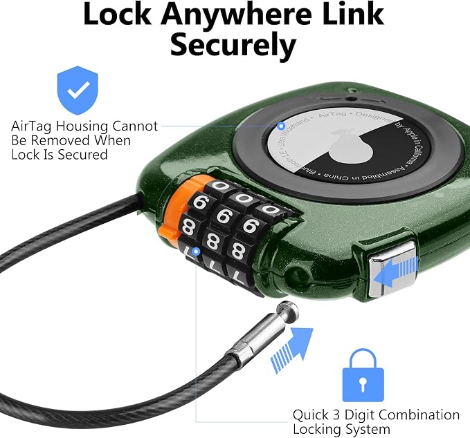Compatible with Apple AirTag Secure Lock with Wire Cable, 3-Digit Combination Luggage Locks, Alloy Body Ultra Durable Anti-Lost Protective Case for Luggage, Bags, Suitcase, and Backpacks (GREEN) - Image 2