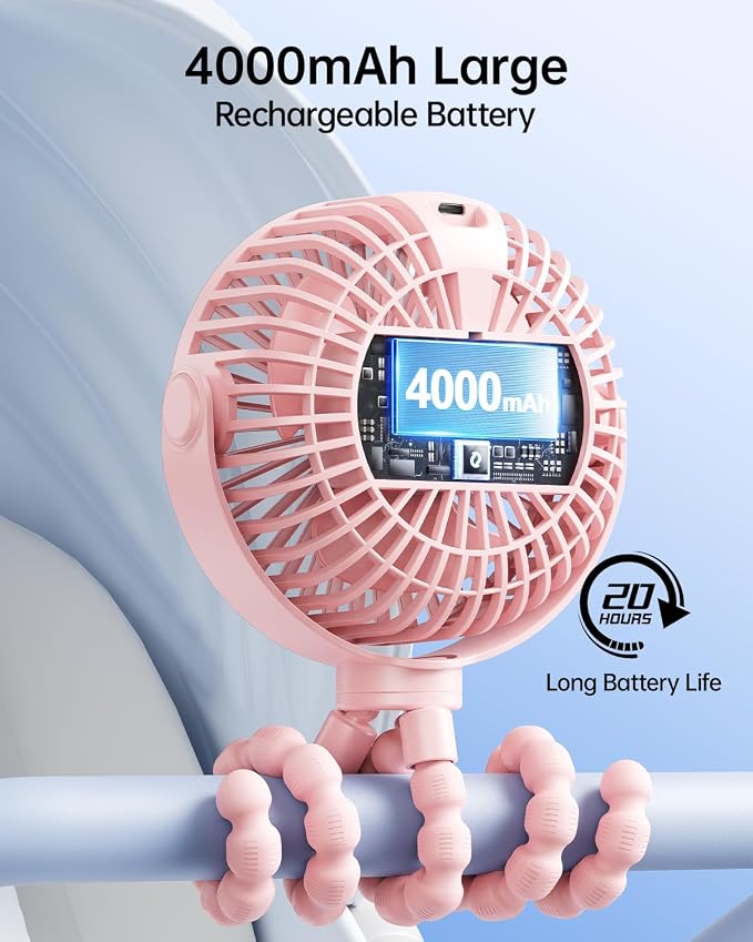 SWEETFULL Portable Stroller Fan with LED Display, 4 Speed Rechargeable Mini Clip On Fan, 360° Rotate Flexible Tripod Better Cooling Small Baby Fan for Car Seat Crib Travel Bike Treadmill (Pink) - Image 4