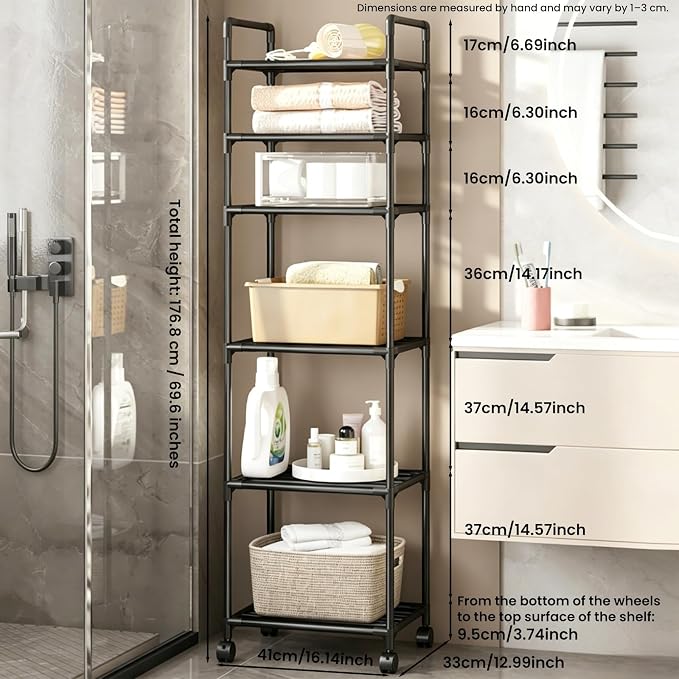 GOESWELL Storage Cart 6 Tier Slim Rolling Utility with Wheels for Bathroom | Storage Cart For Bathroom 6 Tier Slim Rolling Utility With 2 Lockable Casters Narrow Metal Shelving Unit - Image 3
