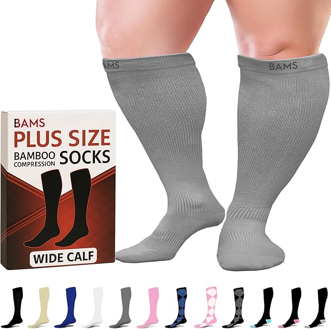 BAMS Plus Size Compression Socks Wide Calf XL XXL XXXL – Graduated Knee-High Support, Viscose from Bamboo Easy-On/Easy-Off by BAMS