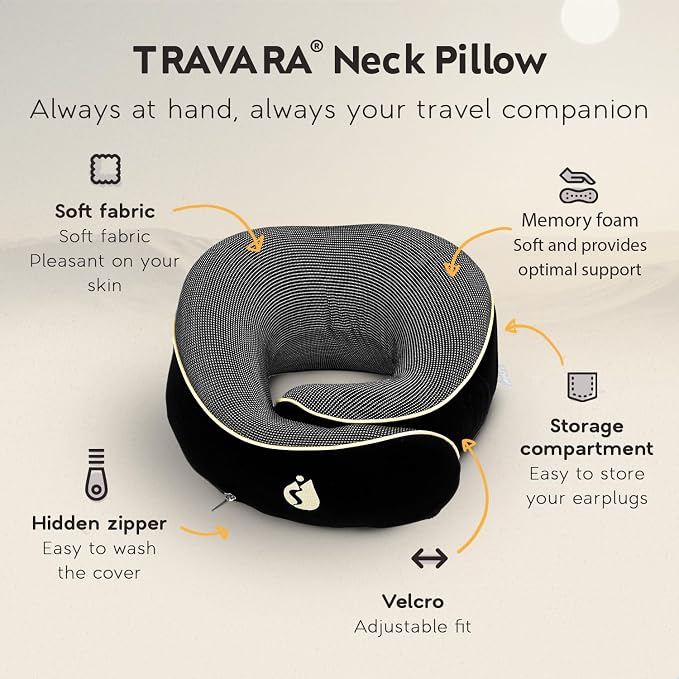 Neck Pillow Airplane - Travel Pillow - Comfortable and Ergonomic Memory Foam - Airplane Pillow with 360° Head & Neck Support - Black - Image 2