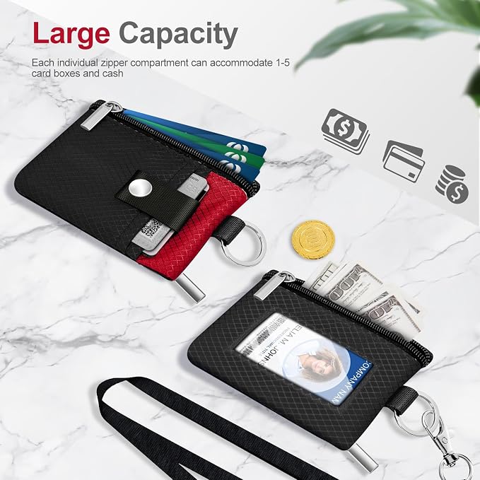 Minimalist RFID Blocking Small Wallet with ID Window,WaterResistant Zip Id Case Wallet with Lanyard Keychain for Cards,Cash,Travel,Women,Men (Black/Red) - Image 7