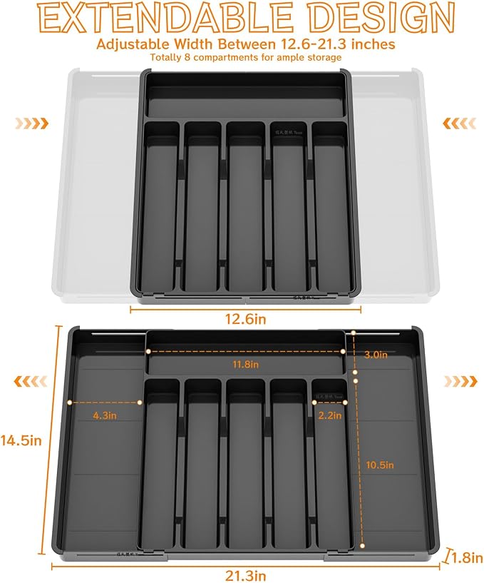 Black Expandable Silverware Drawer Organizer - Adjust From 11'' to 22'' - Knife,Cutlery,Spoons and Forks Organizer,Large 8 Grid Flatware,Silverware Tray,Utensil Organizer for Kitchen Drawers - Image 2