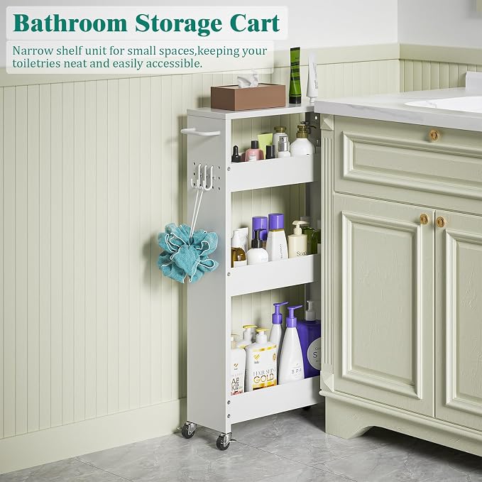 XYZLVSI Slim Storage Cart, Narrow Kitchen Rolling Cart for Small Spaces | 5.9" W skinny storage cart, 12.4" bottom metal utility cart with 360° swivel wheels for bathroom/laundry, slim shelf, white - Image 7