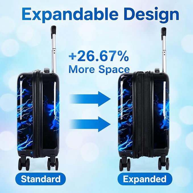 Lightweight Hardshell Spinner Kids Carry On Luggage Set 2PCS with Wheels - Airplane Approved Suitcase for Boys & Children Ages 3-10, Lightning Soccer Rolling Suitcases for Elementary Toddler Travel - Image 4