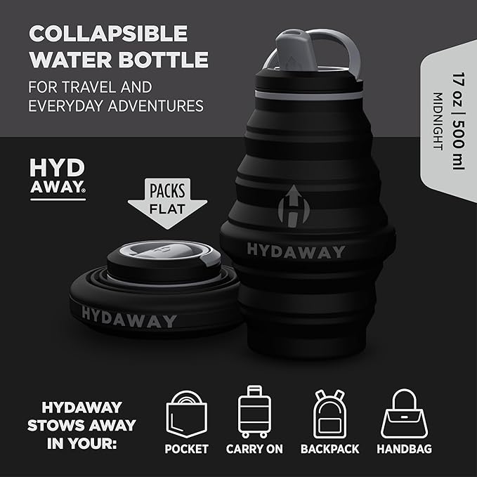 HYDAWAY 17oz Collapsible Water Bottle, Packable Leakproof for Travel | Travel-first design. Fold flat to 1.5 in for carry-ons, purses, seatbacks. Leakproof, BPA-free, dishwasher safe. - Image 2