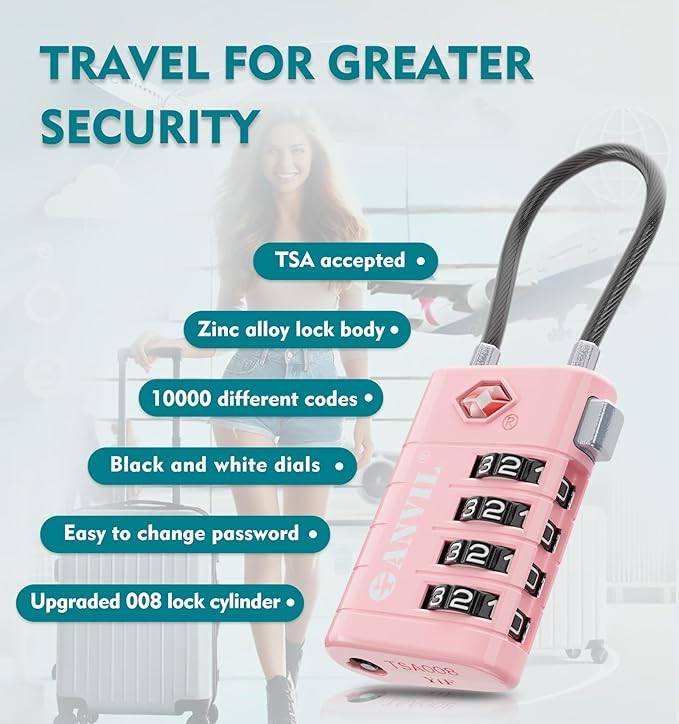ANVIL TSA Approved Luggage Locks with Search Alert Indicator, 4-Digit Combination Suitcase Lock, Advanced TSA008 Core Heavy Duty Anti-Theft Travel Lock for Double Zippers, Backpacks - Image 5