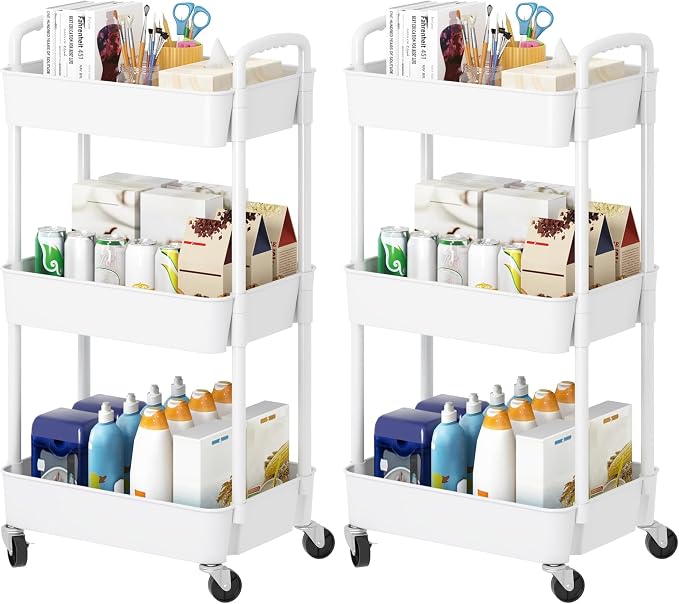 Laiensia 3-Tier Rolling Cart with Wheels,Multifunction Utility Storage Carts, Kitchen Storage Organizer,Mobile Shelving Unit for Bathroom,Laundry,with Classified Stickers,White (Pack of 2) by Laiensia