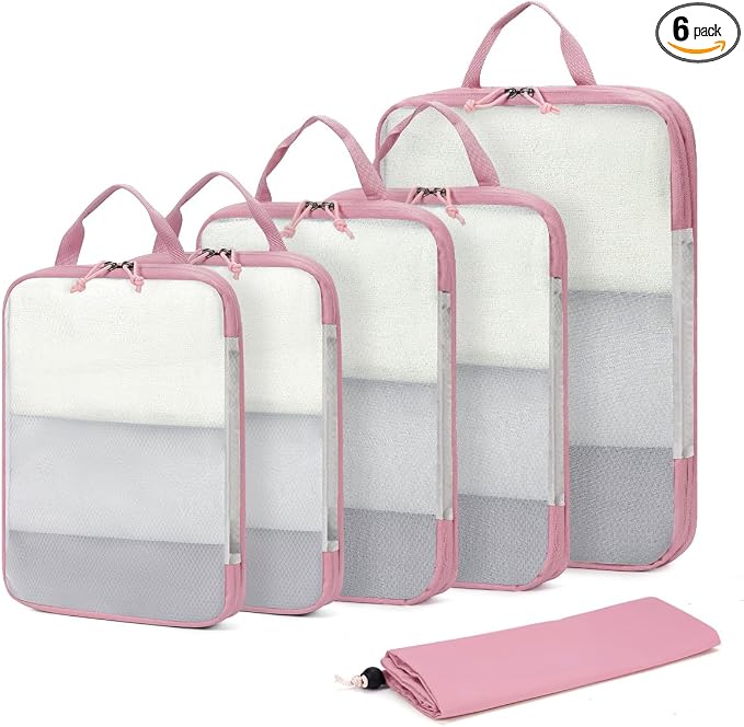 ECOHUB 6 Set Compression Packing Cubes, Gifts for Women Mom, Lightweight Vacation Travel Essentials Accessories for Suitcase Luggage Organizer Bags Set with YKK Zippers Shoe Bag, Pink by ECOHUB