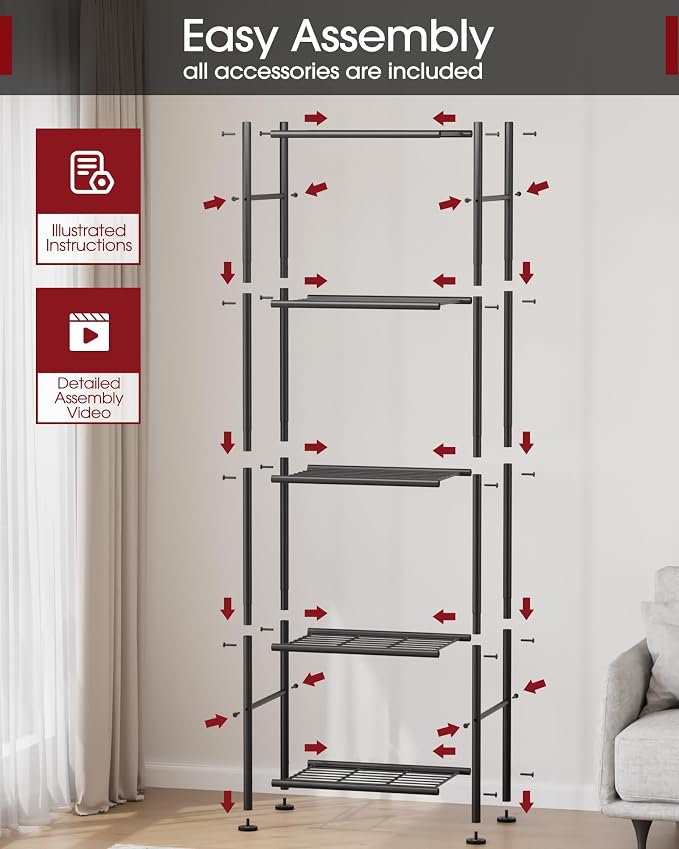 Sakugi Storage Shelves - 5 Tier Shelf Organizer, Sturdy Metal Garage Shelving with Adjustable Leveling Feet, Space-Saving Shelves Organizer for Pantry, Laundry, Kitchen (18" x 12" x 57", Black) - Image 3