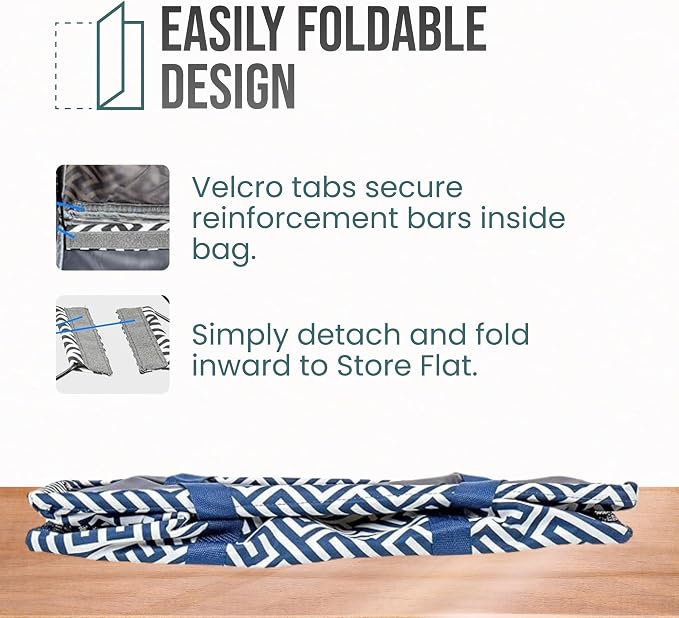 Extra Large Utility Tote Bag - Oversized Collapsible Reusable Wire Frame Rectangular Canvas Basket With Two Exterior Pockets For Beach, Pool, Laundry, Car Trunk, Storage - Geo Navy Blue - Image 6
