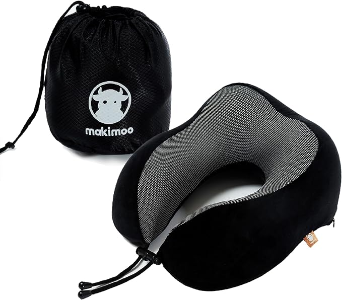 Memory Foam Travel Pillow, Neck Pillow with 360-Degree Head Support, Comfortable Ideal for Sleeping on Airplane, Car, Train, Bus and Home Use, Comes with Storage Bag (Black) by Makimoo