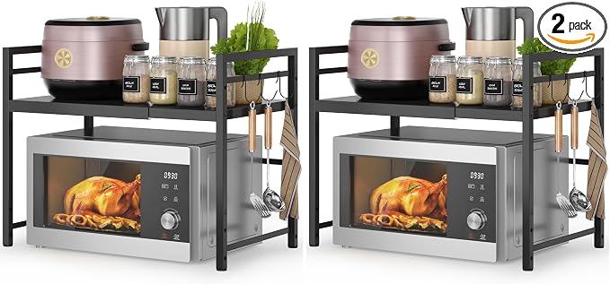 DOLALIKE Microwave Oven Rack, Expandable Microwave Stand Countertop Kitchen Utensils Tableware Storage, Carbon Steel Over Microwave Shelf Countertop with 3 Hooks (Pack of 2) by DOLALIKE
