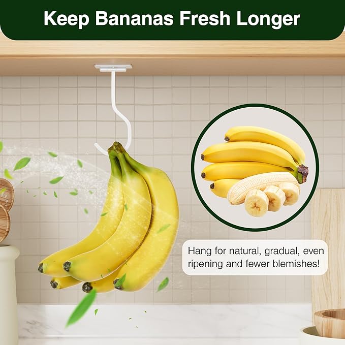 bussdis Adhesive Banana Hook Under Cabinet, White, 2 Pack | Foldable Banana Hanger, Metal Banana Holder, Hold 20 Bananas, Space-Saving Design, Folding with Magnets When Not in Use - Image 7