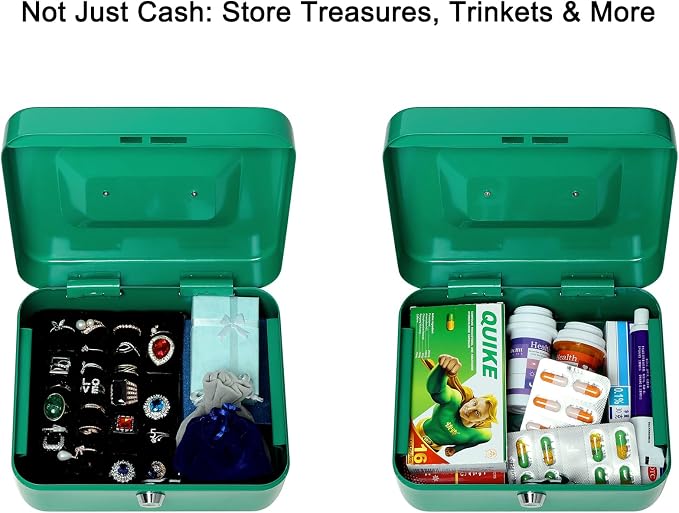 Jssmst Medium Cash Box with Key Lock - Durable Metal Cash Box with Money Tray, Green, Medium - Image 5