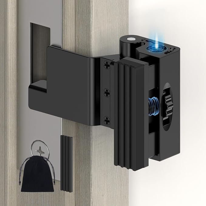 Portable Door Lock, Door Reinforcement Lock, Black-1PC | No Drilling Door Security Latch Stopper for Travel, Apartment and Hotel Room Doors, Adjustable Design, Withstands 800 lbs by BiceNoning