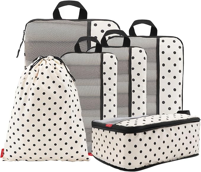 U+U 6 Set Compression Packing Cubes, Travel Organizers (Polka Dot) | Space-Saving & Drawstring Bag Included by UU