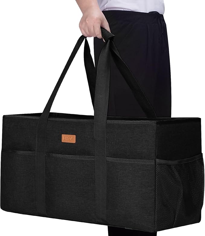 LHZK Stand Up Extra Large Utility Tote Bag with Lid, Utility Tote Bag with Metal Wire Frame and the Sides Rinforced, Reusable Grocery Bags Foldable, Beach Bag, Car Tote (Black) - Image 5