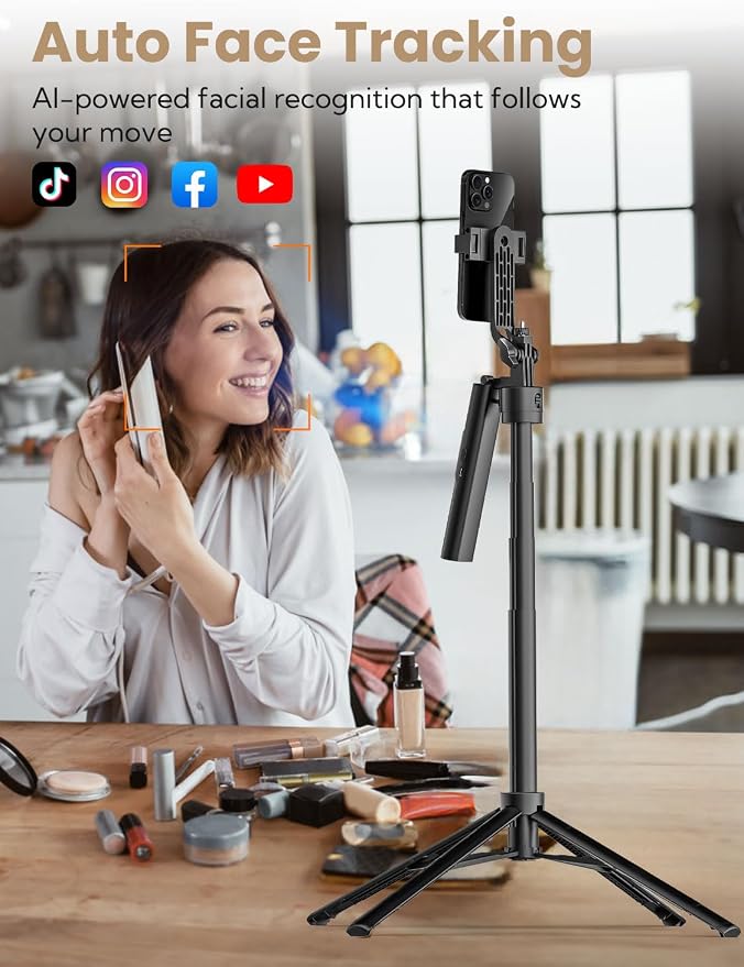 68" Auto Face Tracking Phone Tripod w/Ground Spike & Remote R01 | 68" Extendable Tripod,Compatible with iPhone & Android , Remote Control & Ground Spike Included, Video Recording & Vlogging - Image 2