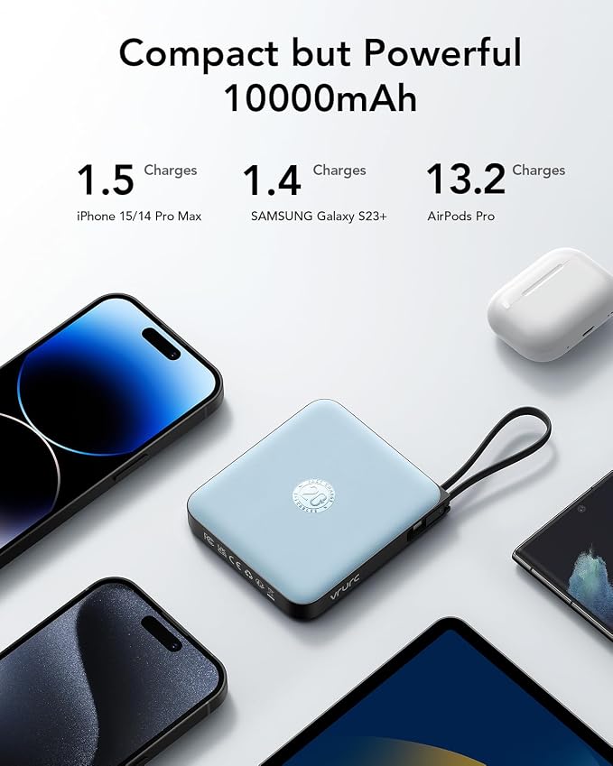 VRURC Portable Charger for iPhone with Built-in Cable, 10000mAh 22.5W Fast Charging USB C Battery Pack, Cell Phone Power Bank for iPhone 17 16 15 & Samsung Galaxy Series (Blue) - Image 6