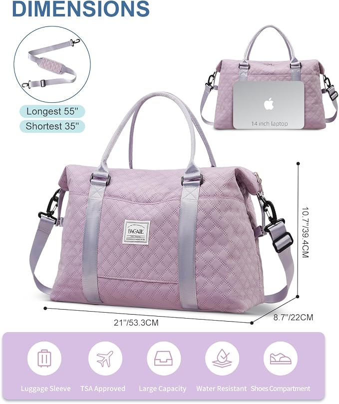 BAGAIL Travel Duffel Bag, Weekender Bags for Women, Overnight Gym Carry On Tote Bag with Wet Pocket, Hospital Mom Bag for Labor and Delivery - Grid-Purple - Image 6