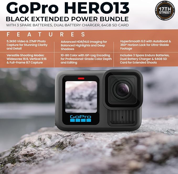 GoPro HERO13 Waterproof Action Camera (Black), 5.3K60 27MP, 50-in-1, Bundle | Includes Enduro Rechargeable Battery, Extension Arm Floating Handgrip, 64GB Microsd Card, 50-in-1 Camera Accessory Bundle Kit - Image 3