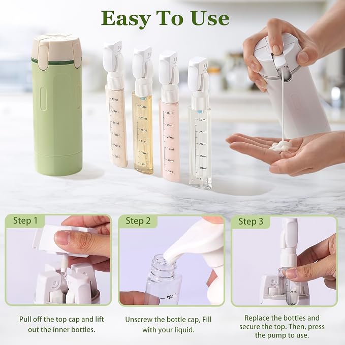 4 in 1 Travel Dispenser, Refillable Leak Proof Travel Bottle Set (White) | 4 Pack 30ML TSA Approved Travel Toiletry Bottles with Stickers, Brush & Storage Bag for Shampoo, Lotion and Conditioner - Image 2