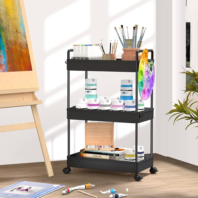 SOLEJAZZ 3 Tier Slim Rolling Storage Cart Organizer with Wheels, Black | Utility cart for bathroom, laundry, bedside, dorm&narrow spaces. Fits craft, nail, makeup, snack, art, diaper&baby essentials - Image 5