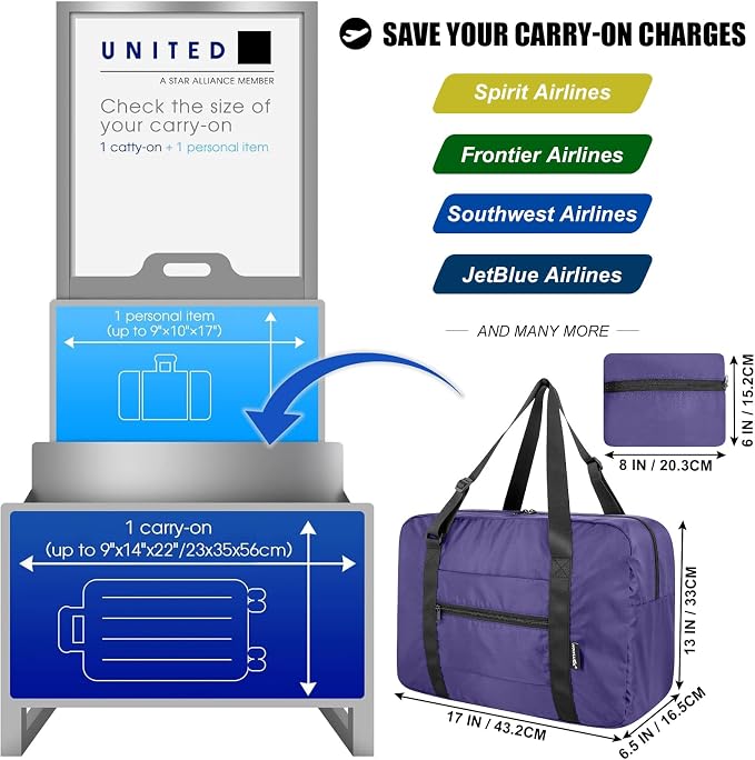 Duffle Bag for Travel Foldable Personal Item Travel Bag, 23L, Purple | Carry On Duffel Bag Women Men Frontier Airlines Personal Item Bag Hospital Weekend Overnight Trips - Image 2