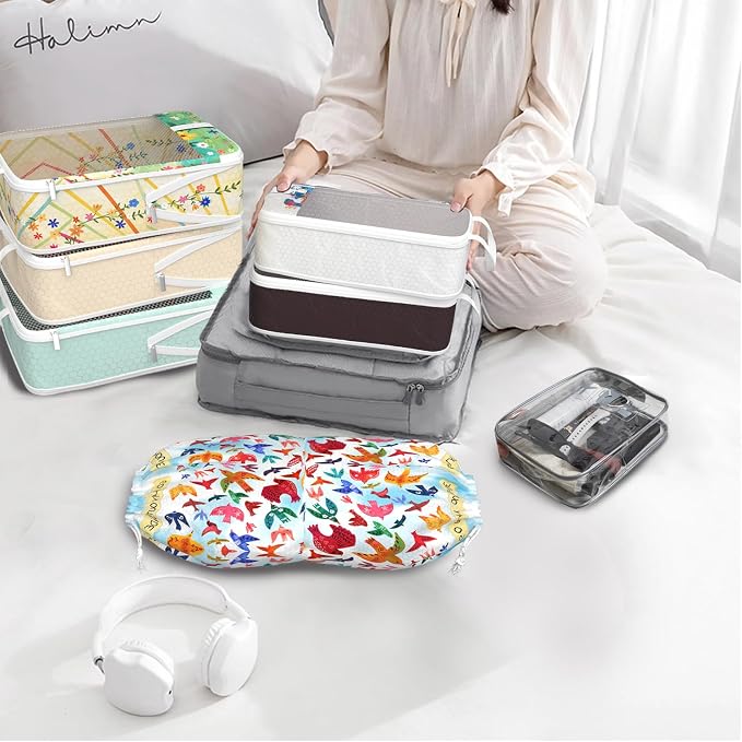 Compression Packing Cubes for Travel, 7 Set Natural Life Expandable Mesh Luggage Organizers, Waterproof Expandable/Compression Bags Bohemia Travel Packing Cubes with Clear Toiletry Bag - Image 4