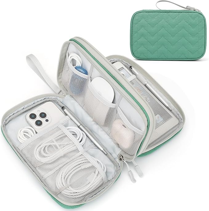 FYY Electronic Organizer, Travel Tech Pouch Bag, Large, Green Quilted | Wrist Strap, Waterproof, Double Layers Portable Electronics Travel Carrying Case for Cord, Charger, Daily Business Trips Use by FYY