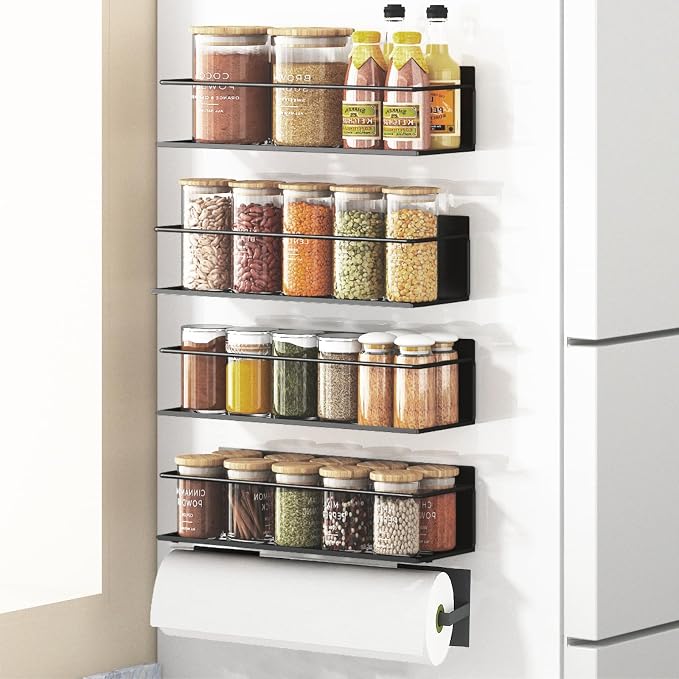 Magnetic Spice Rack For Refrigerator, Space Saving Magnetic Shelf For Fridge Matt Black 4 Pack With Magnetic Paper Towel Holder by Roysili