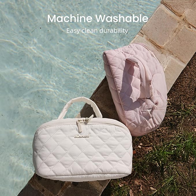 LOVEVOOK Travel Makeup Bag for Women, 2Pcs Puffer Waterproof Cosmetic Organizer, Large Capacity Pouch Open Flat Small Toiletry Bag with Brush Compartment & Handle (Off-white, Medium) - Image 5