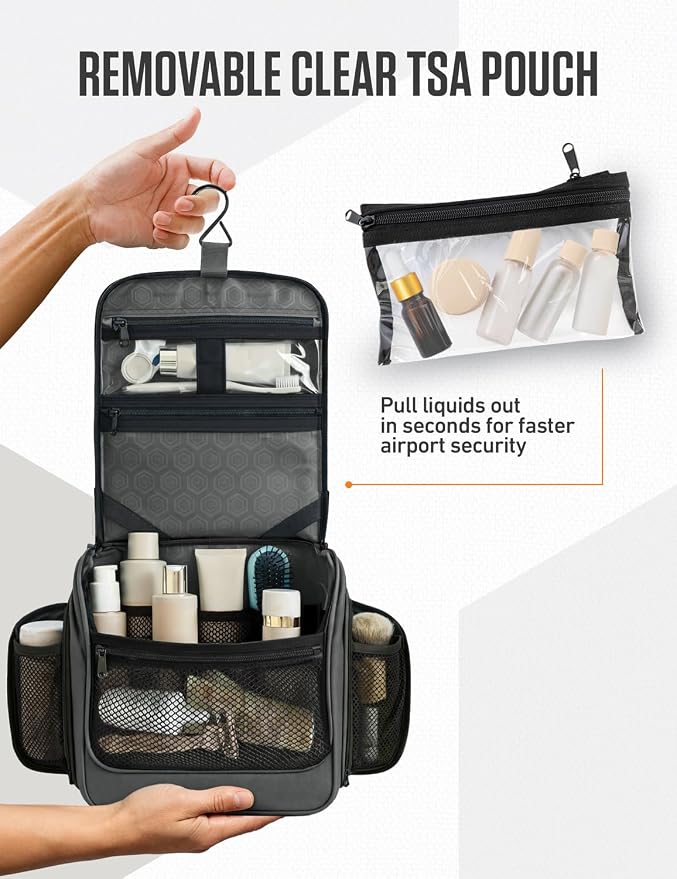VENTURE 4TH Hanging Travel Toiletry Bag, 18 Compartments - Shadow Gray | Hangs on rails, hooks or doors; stands upright. Removable TSA pouch. Water-resistant Nylon 290D Twill, reinforced stitching. - Image 9