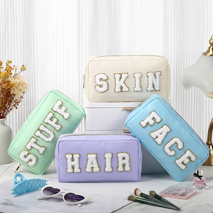 Preppy Makeup Bags Chenille Letter Stuff Bag Nylon Cosmetic Pouch Cases with Zipper for Women Travel Toiletry(Soft Pastel,Classic,4 Pcs) - Image 4