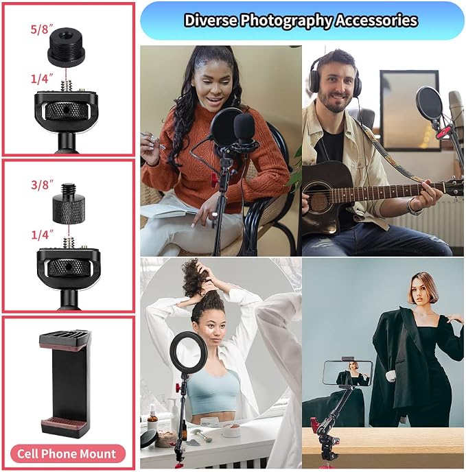 13"/34cm Magic Arm w Clamp, Camera Mount & Clamp w 1/4" 3/8" Threads and Articulating Friction Magic Arm, Overhead Phone Mount, Camera Boom Arm Mount for Light Webcam Mic Action Camera Monitor - Image 6