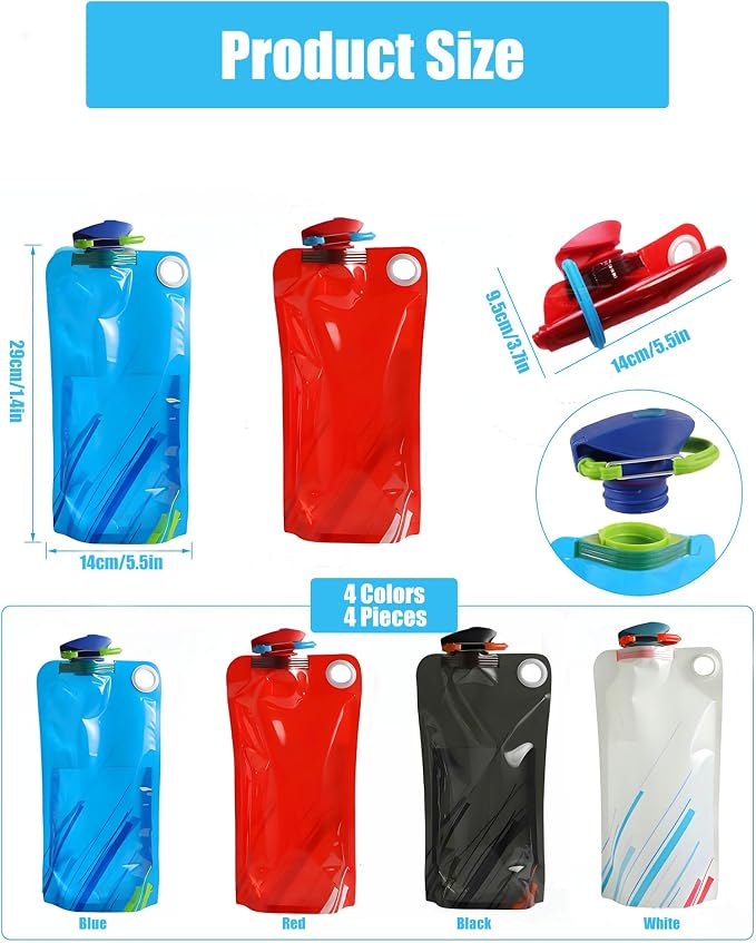 4 Pack Collapsible Water Bottle with Carabiner, 33oz Foldable Reusable BPA-Free Water Bottles with Leakproof Lid for Traveling Hiking Camping Biking - Image 5