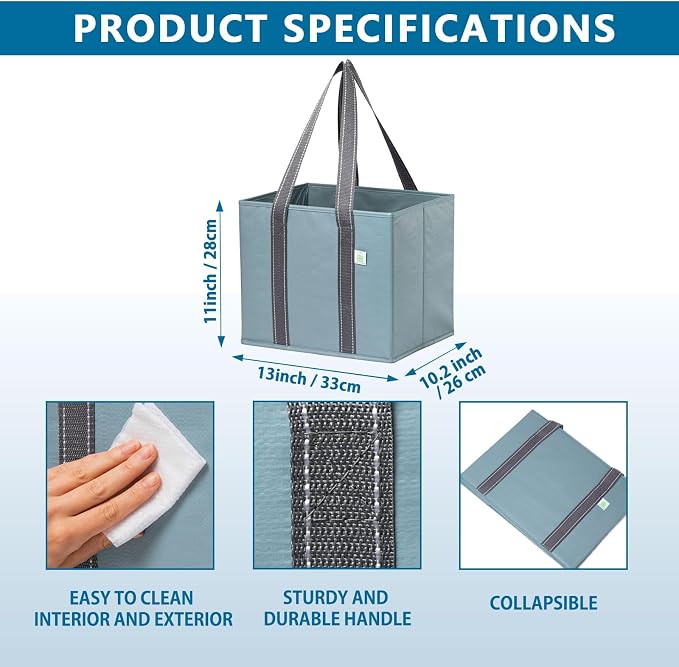 VENO 3 Pack Heavy Duty Reusable Grocery Shopping Bags Utility Tote | Water Resistant, Storage Box with Sturdy Handles & Hard Bottom, Foldable for Groceries Shopping Cart Storage(Blue, 6 Gallon) - Image 2