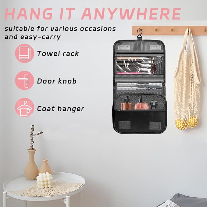 Toiletry Bag Travel Bag with Hanging Hook for Women Men,Black Pure | Waterproof Small Capacity Hanging Multifunctional Makeup Bag for Toiletries, Portable Cosmetic Bag Travel Organizer - Image 4