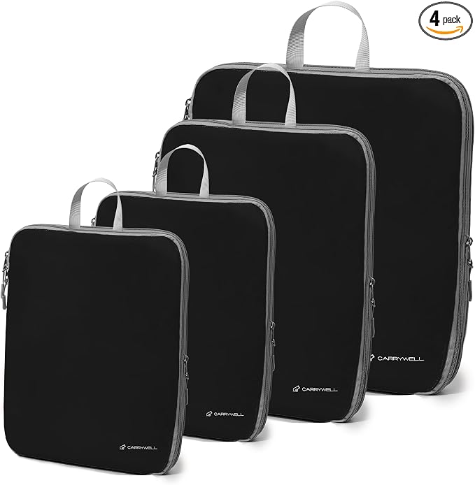 (Not Made In China) Compression Packing Cubes For Travel, Suitcase and Luggage Space Saver Organizer Bags, Lightweight, Waterproof Nylon, Durable, 4pc Set, Black by Carrywell
